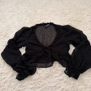 H&M Black polka dot sheer cropped blouse with ruffles and bow detail
